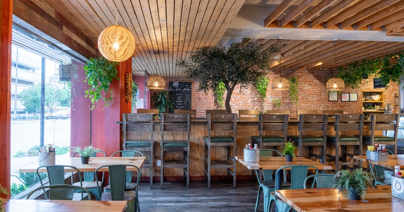 Interior, wooden table with stools