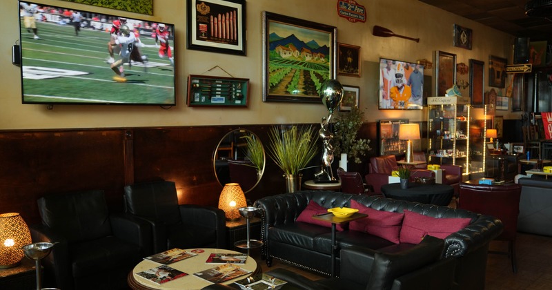 Interior, black sofa, coffee table and tv on the wall