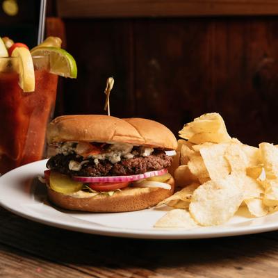 Burger served, side view