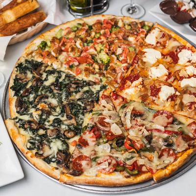 Pizza with a wide variety of toppings.