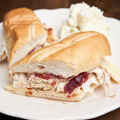 The Gobbler sandwich, with turkey, cranberry relish, brie, and potato salad.