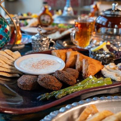 Vegetable Sampler with falafel, spanakopita, hummus, and grilled asparagus.
