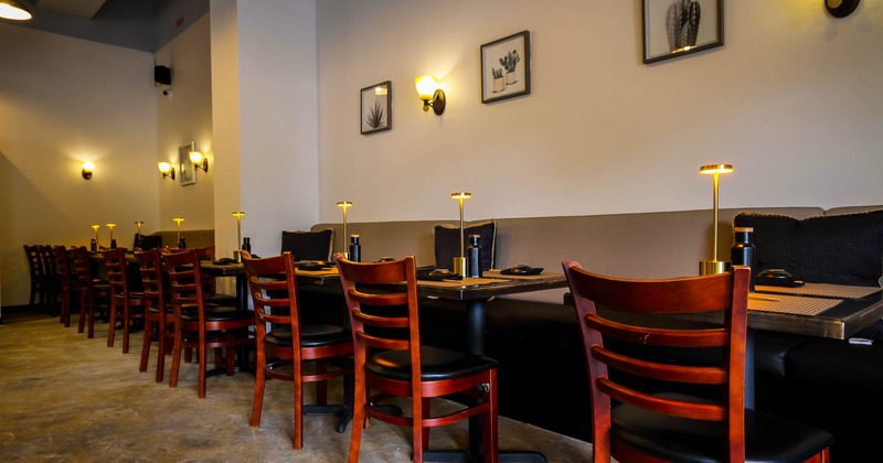 Interior, banquette seating, tables and chairs