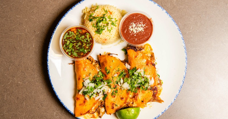 Portion of Birria Tacos with rice, beand and a dip, top view