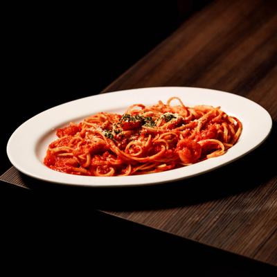 Fra Diavolo Shrimp Linguini served on the table.