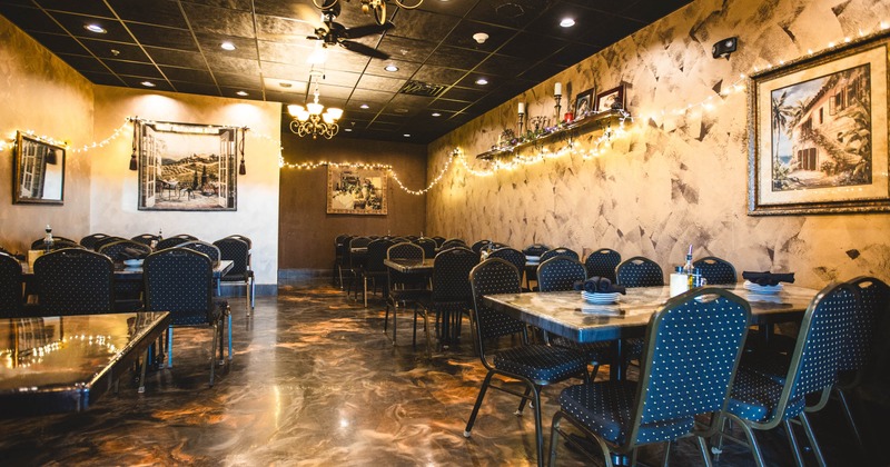Interior, dining area, tables ready for guests