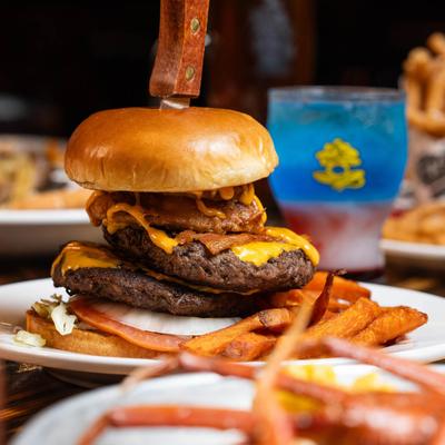 Buccaneer Burger and sweet potato fries.
