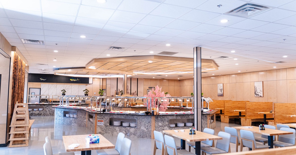 Interior of a dining establishment showcasing a buffet station