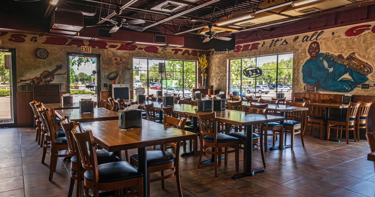Interior, dining area with tables, chairs and fans on the ceiling