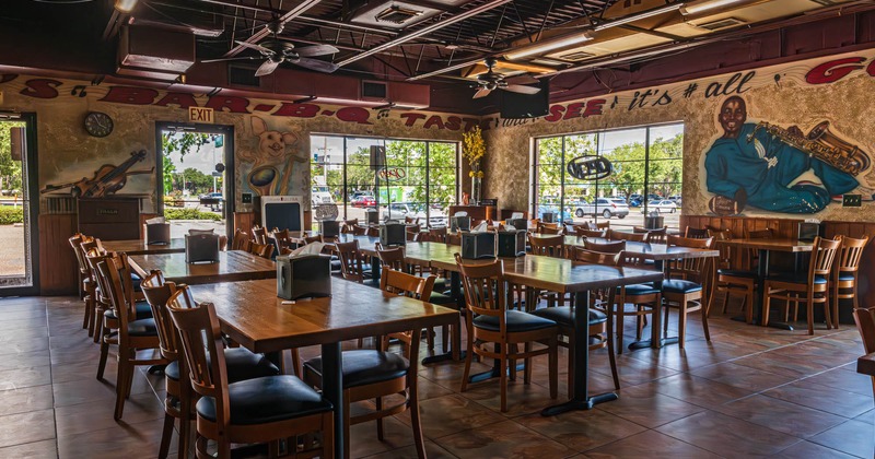 Interior, dining area with tables, chairs and fans on the ceiling