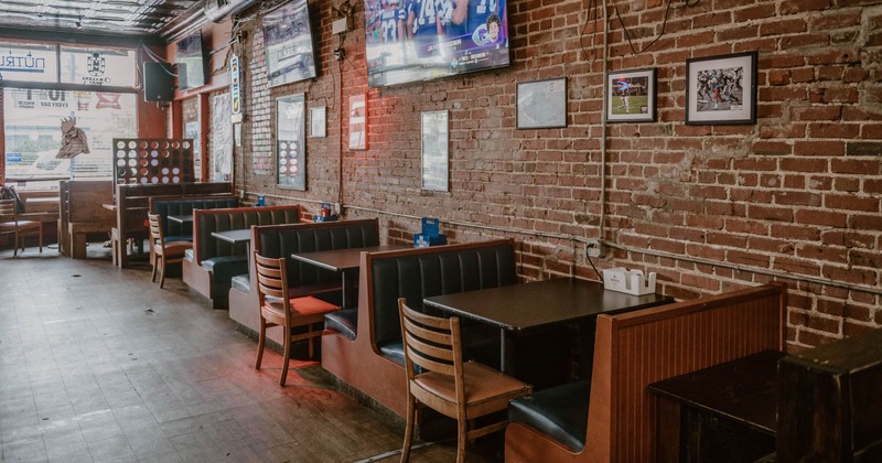 Interior, seating area with booths and tables