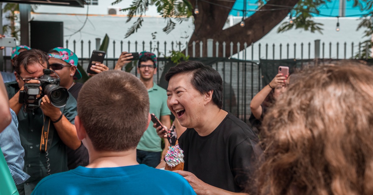 Guests laughing on the patio