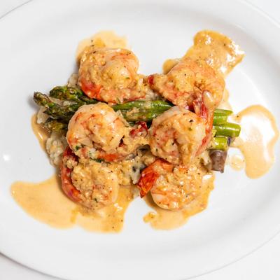 Shrimp dish with asparagus.
