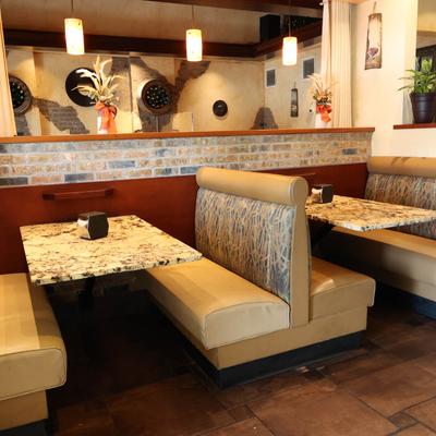 Interior, leather seats and marble tables.