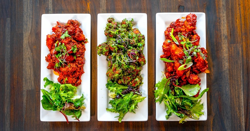 Assorted chicken dishes, top view