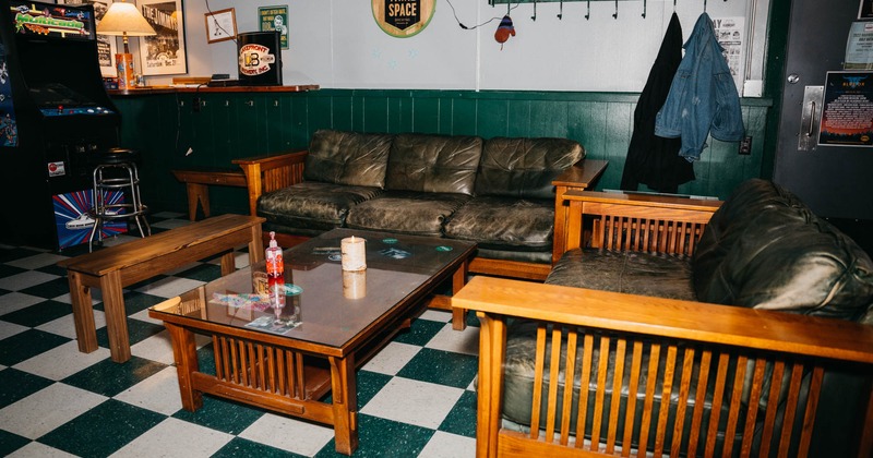 Interior, lounge seating with a coffee table