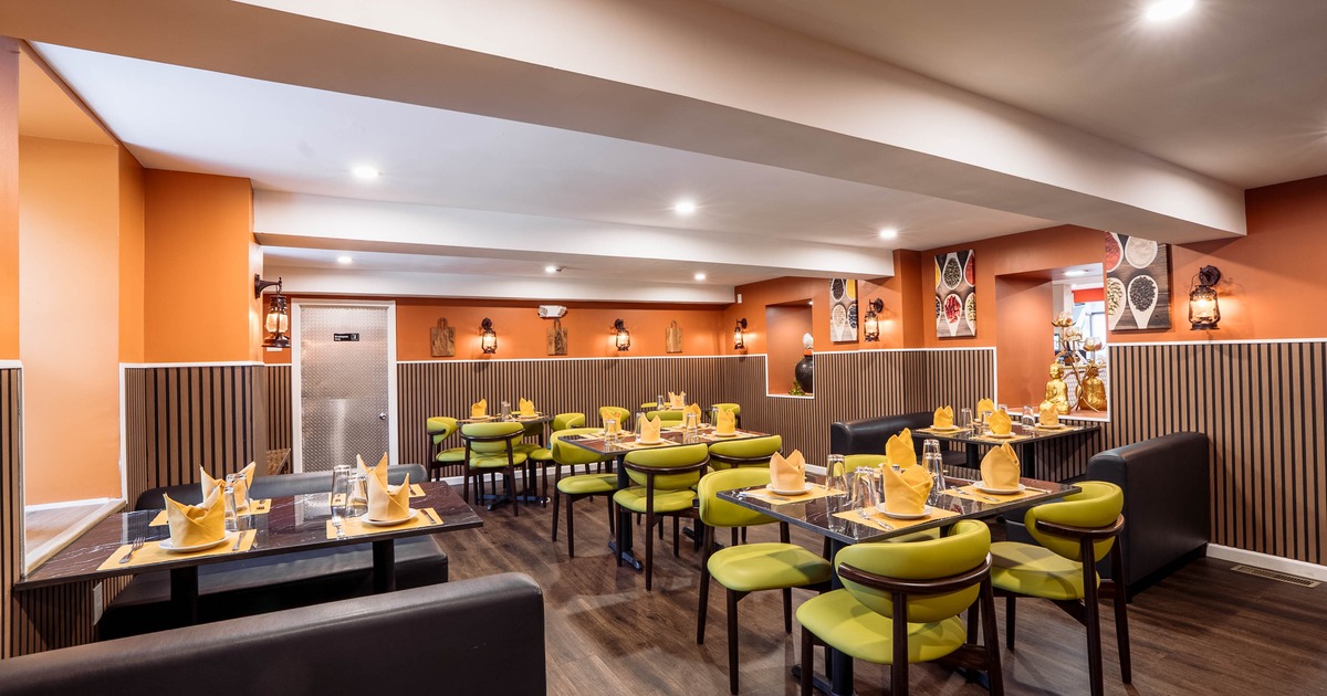 Interior, seating area with tables and chairs