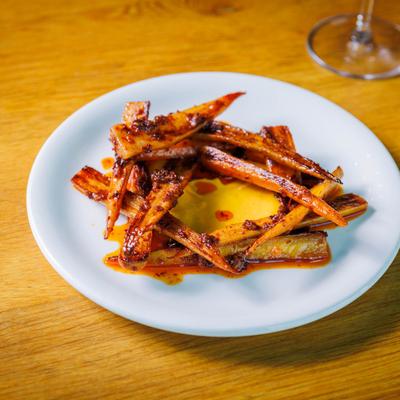 Carrot dish served, close-up