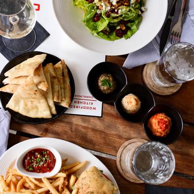 Various food, drinks, and side dishes