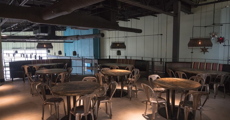 Spacious, upstairs industrial style dining area