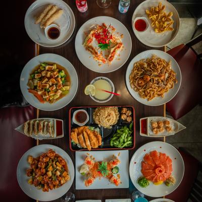 A top view of served meals.