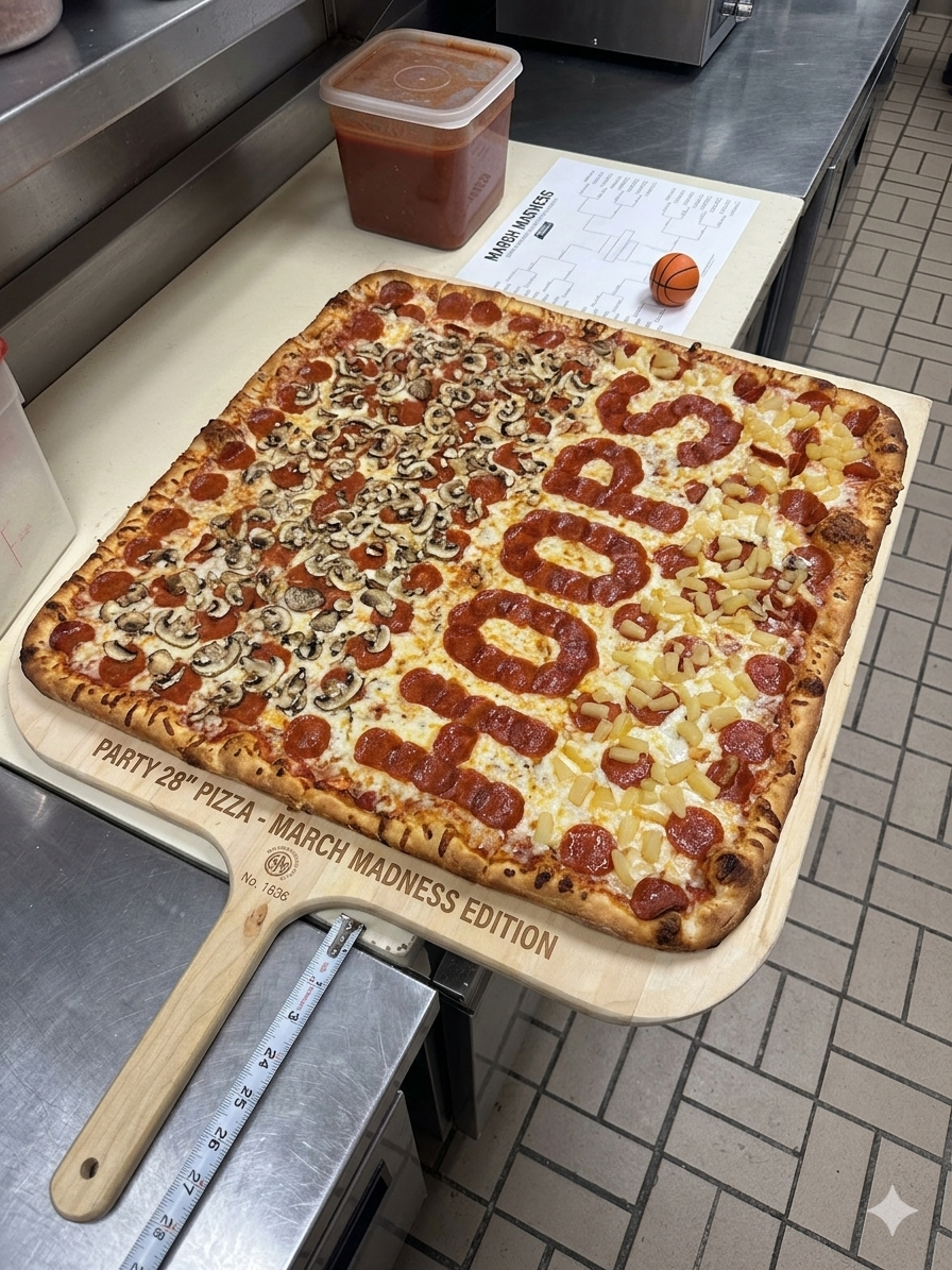 Original Pizza D’Oro HB party pizza image artistically enhanced with AI to feature Hopps in Pepperoni.