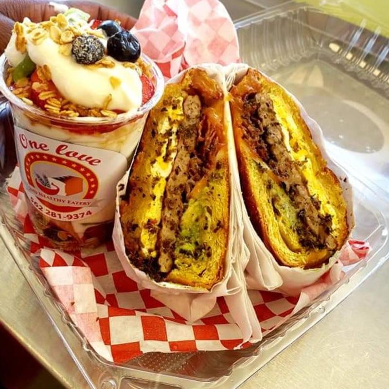 Chicken Patty with Egg Croissant with yogurt parfait photo