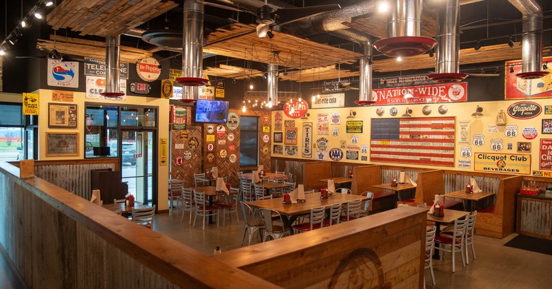 Inside, dining tables, chairs, booths, decoration