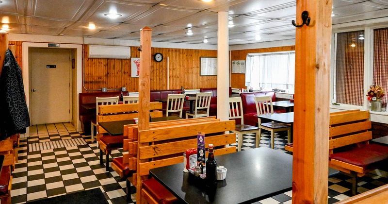 Diner area, tables and benches