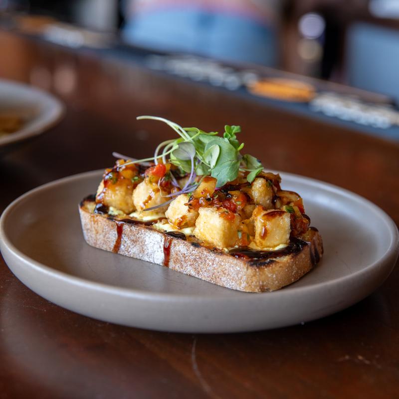 Crispy Tofu & Peach Bruschetta photo
