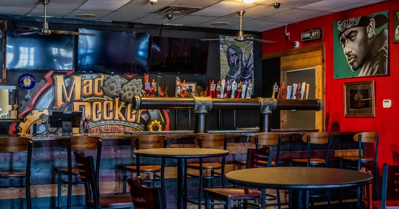 Interior, bar and seating area, wall decor