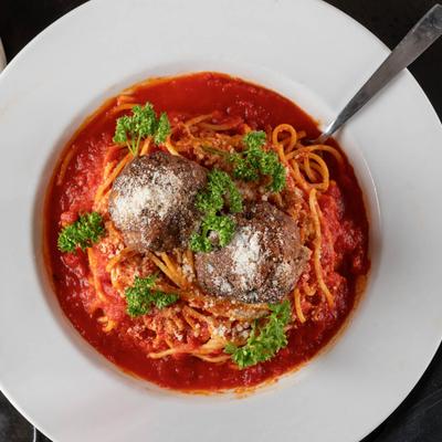 Meatballs spaghetti, top view.