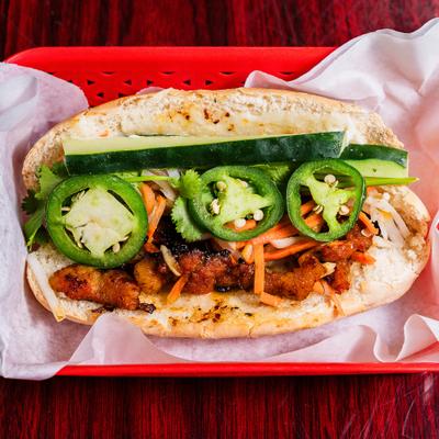 Banh Mi sandwich with pork and jalapenos.