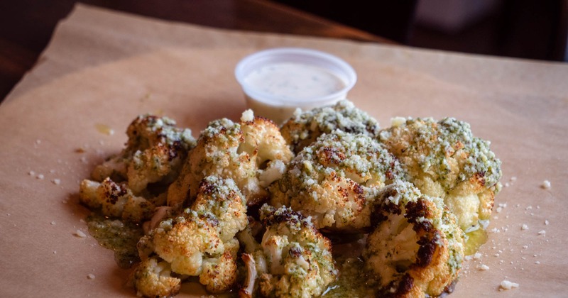 Pesto Parmesan Cauliflower, with blue cheese dressing