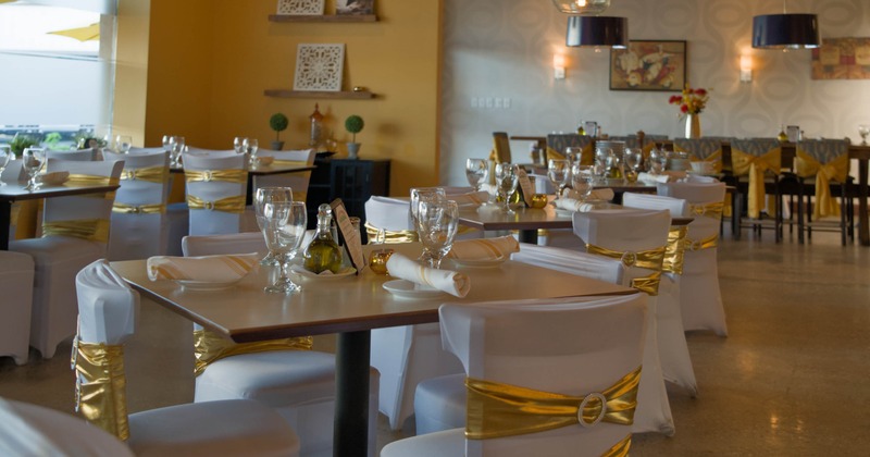 Interior seating area with chairs and tables