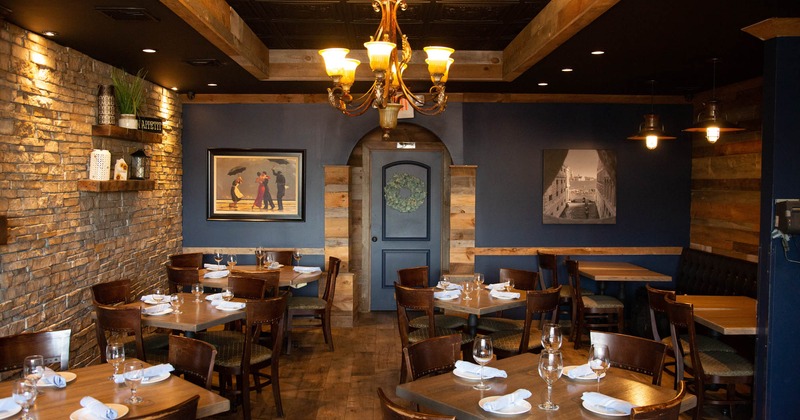 Interior, front view, wall decorations, guest tables and chairs