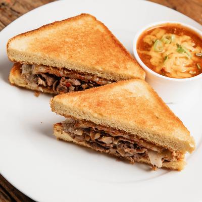 Steak sandwich served