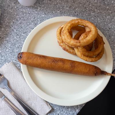 Corn dog and onion rings.