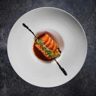 Thinly sliced salmon dish.