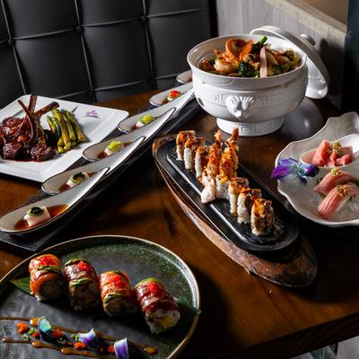 Assortment of food dishes displayed on table.
