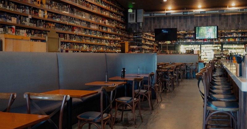 Interior, booths with tables and chairs
