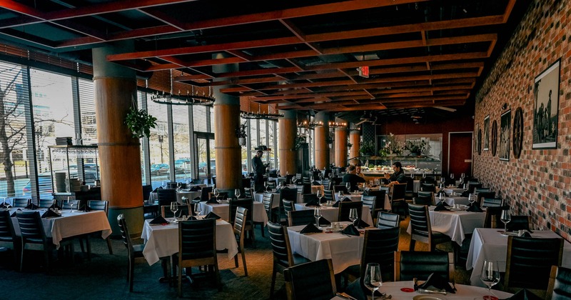 Interior dining area, tables for four people