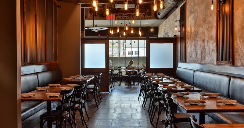 Interior, restaurant booths set by the walls