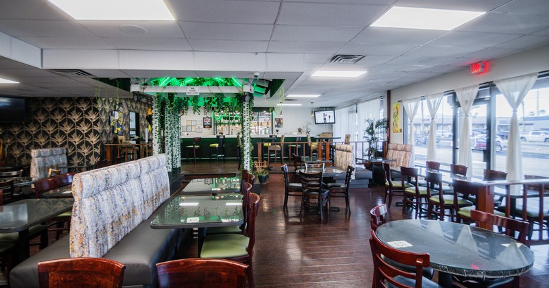 Interior, vibrant seating are with wallpapers