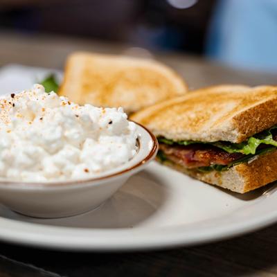 Toasted BLT sandwich paired with a bowl of cottage cheese.