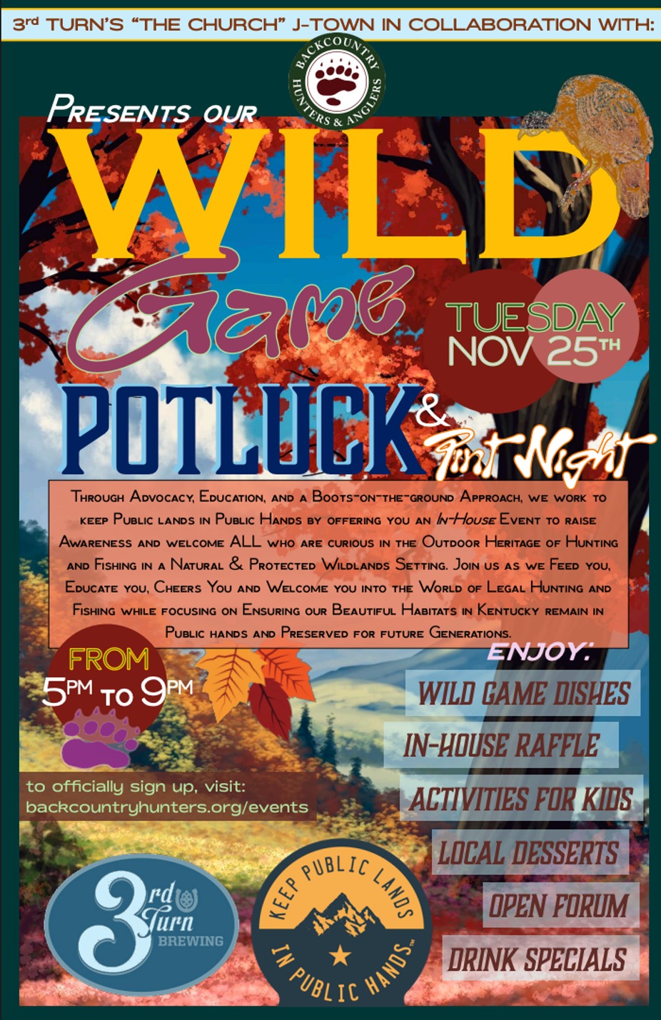 Wild Game Potluck at 3rd Turn’s “The Church” – J-Town event photo
