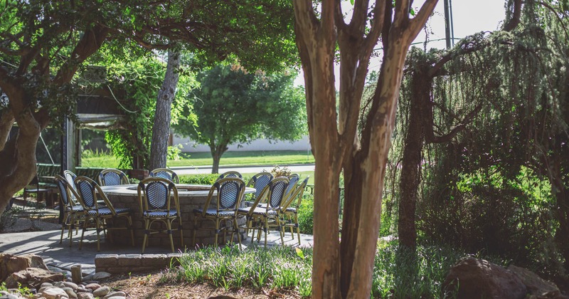 Exterior, garden, table, chairs, parasols