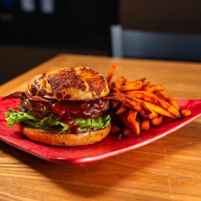 Bacon cheeseburger and fries.