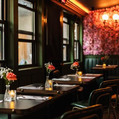 Interior featuring wooden tables, small floral arrangements, and a floral wall backdrop.