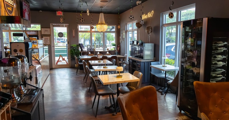 Interior seating area with chairs and tables